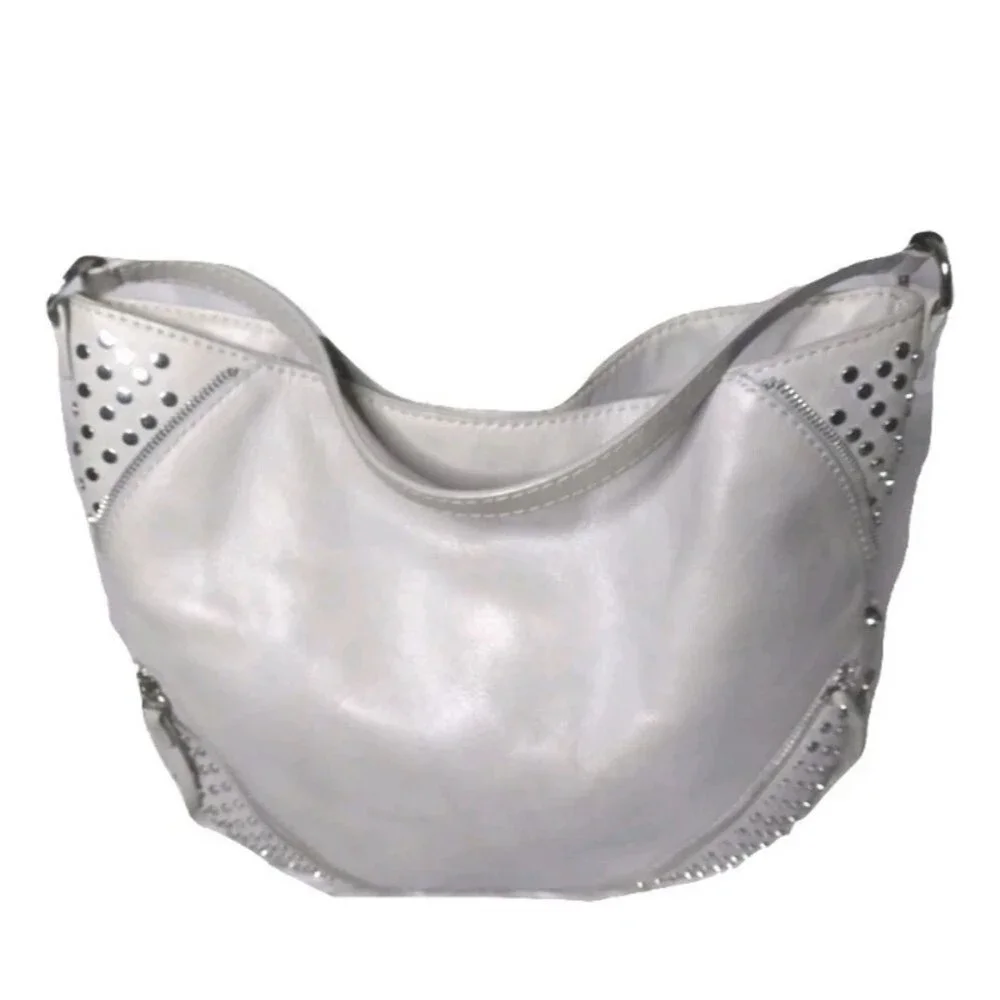She+Lo  Leather Hobo Shoulder Bag  Studs Tassel Boho Bag Gray Taupe Retail $280